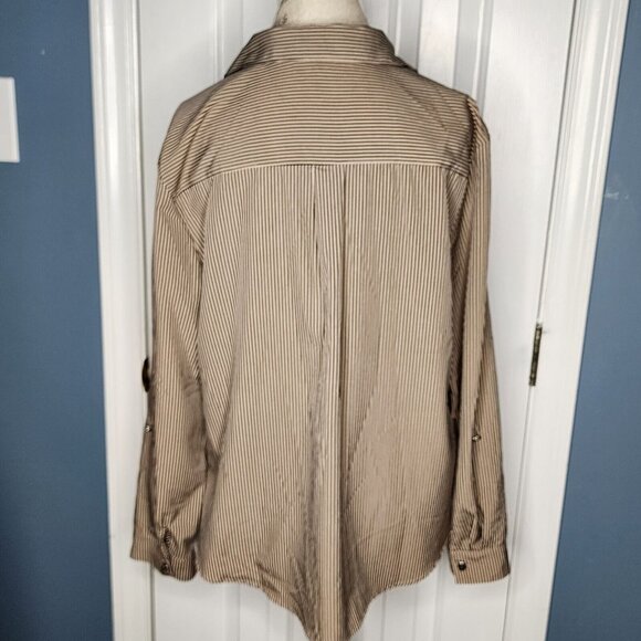 Adrienne Vittadini Shirt Women XL Brown Stripe Button Long Sleeve Stretch Office - Picture 4 of 12